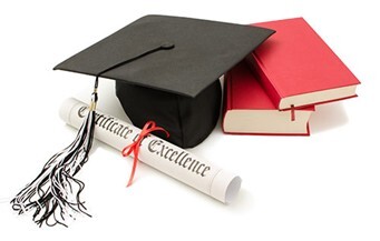 A black graduation cap, two red books, and a certificate of excellence.