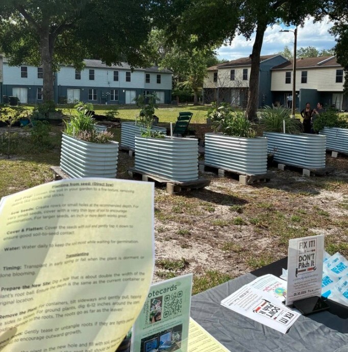 A view of raised garden beds.