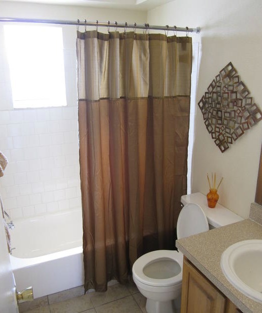 The clean shower and toilet in the bathroom of the one-bedroom rental.