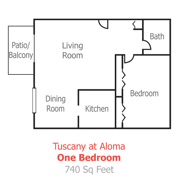 Tuscany at Aloma one-bedroom floor plan; 740 sq feet. 