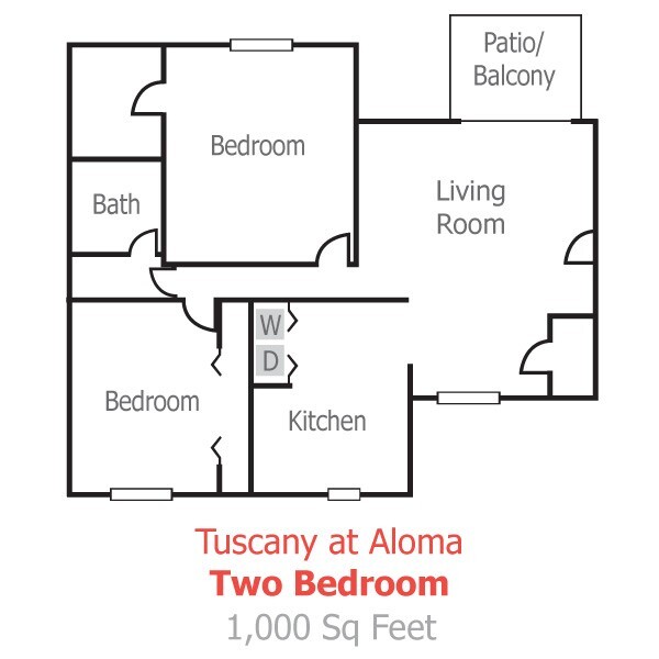 Tuscany at Aloma two-bedroom floor plan; 1,000 sq feet.