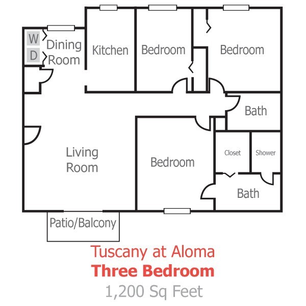 Tuscany at Aloma three-bedroom floor plan; 1,200 sq feet. 