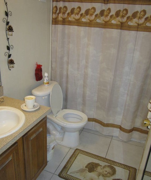The shower, toilet, and vanity in the bathroom of the three-bedroom rental.