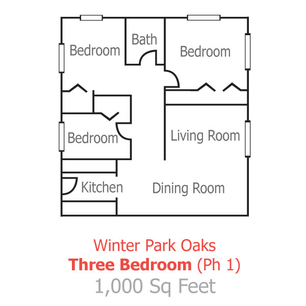 Winter Park Oaks three-bedroom floor plan (Ph 1); 1,000 sq feet.