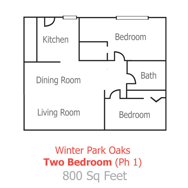 Winter Park Oaks two-bedroom floor plan (Ph 1); 800 sq feet. 