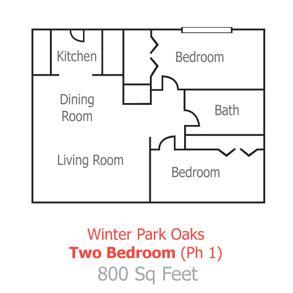Winter Park Oaks two-bedroom floor plan with a different kitchen (Ph 1); 800 sq feet. 