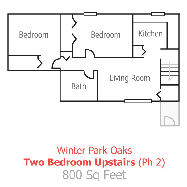 Winter Park Oaks two-bedroom upstairs floor plan (Ph 2); 800 sq feet. 
