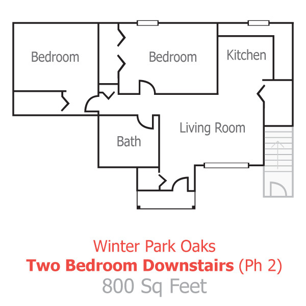 Winter Park Oaks two-bedroom downstairs floor plan (Ph 2); 800 sq feet. 