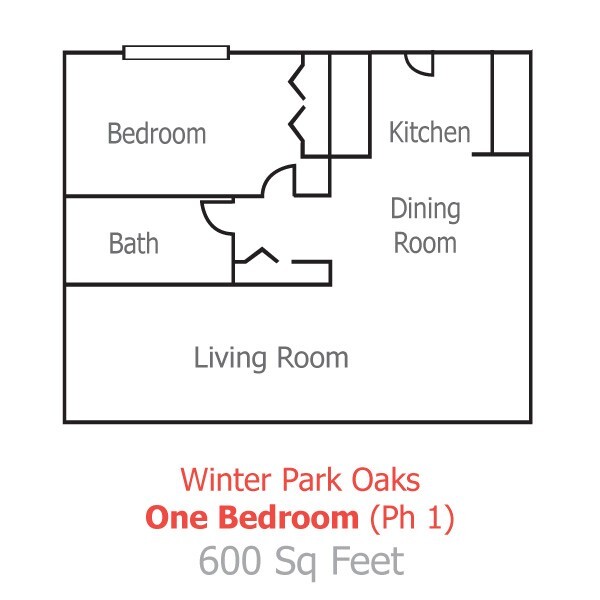 Winter Park Oaks one-bedroom (Ph 1) floor plan; 600 sq feet.