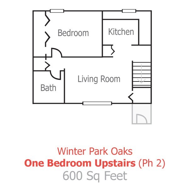 Winter Park Oaks one-bedroom upstairs (Ph 2) floor plan; 600 sq feet.
