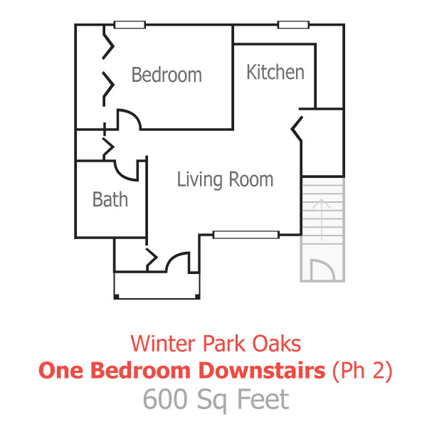 Winter Park Oaks one-bedroom downstairs (Ph 2) floor plan; 600 sq feet.