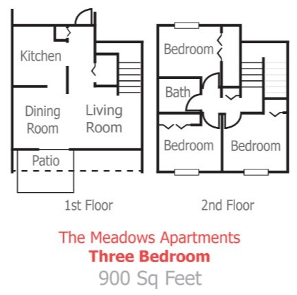 The floor plan of a 3 bedroom apartment at the Meadows.