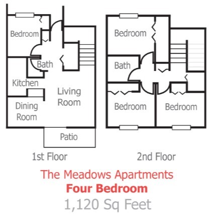 The floor plan of a 4 bedroom apartment at the Meadows. 