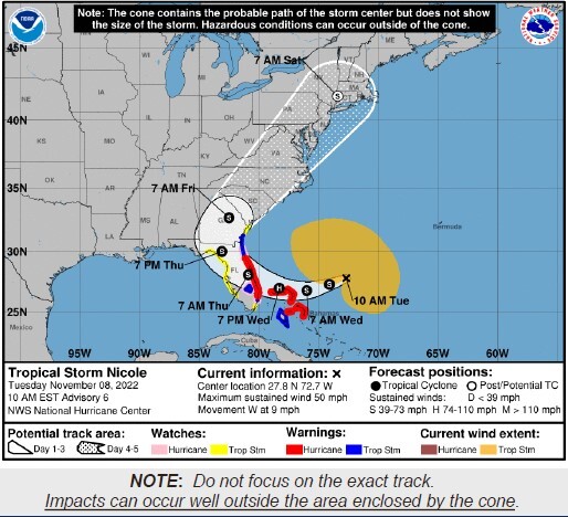 The map of the path of Tropical Storm Nicole. The storm will reach Florida early Thursday morning.