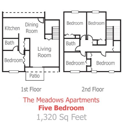 The floor plan of a 5 bedroom apartment at the meadows. 