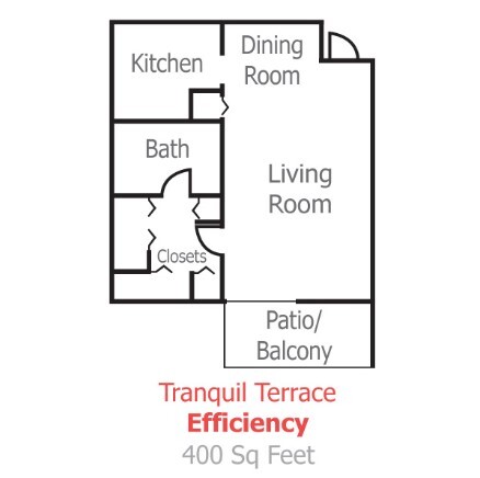 The floor plan of a 0 bedroom/efficiency apartment at Tranquil Terrace.