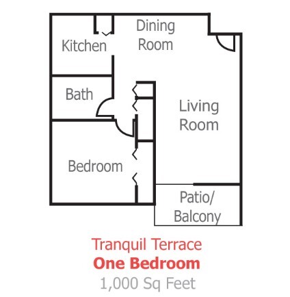 The floor plan of a 1 bedroom apartment at Tranquil Terrace.
