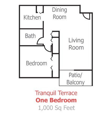 The floor plan of a 1 bedroom apartment at Tranquil Terrace.