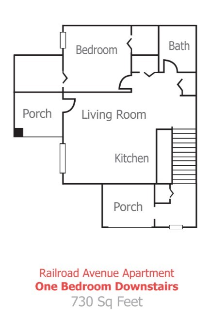 The Floor Plan of a one bedroom apartment at Railroad Avenue.
