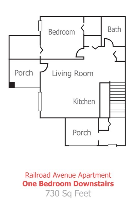 The Floor Plan of a one bedroom apartment at Railroad Avenue.
