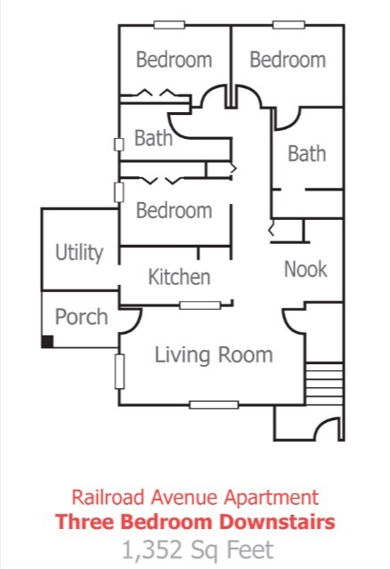 The floor plan of a three bedroom apartment at Railroad Avenue.
