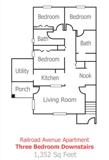 The floor plan of a three bedroom apartment at Railroad Avenue.
