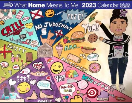 What Home Means to Me Poster 2023. Girl standing next to items that represent what home means to her.