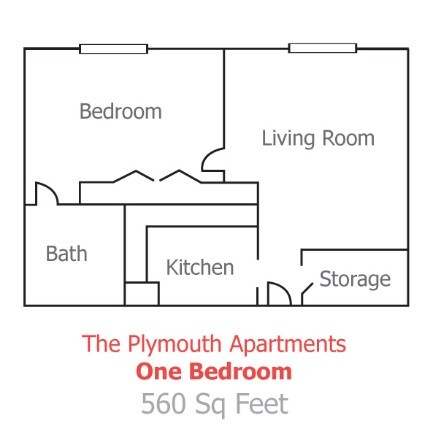 The floor plan of a 1 bedroom apartment at the Plymouth. 