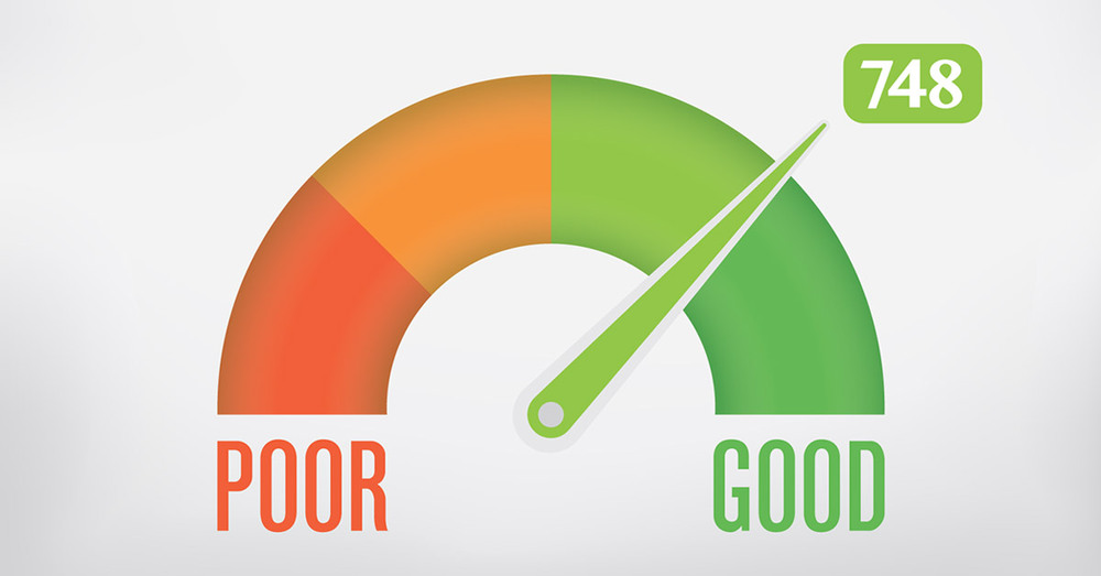 Visual of a credit score meter with a credit score of 748.