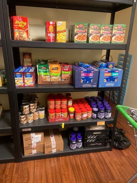 Food items on a shelf. 
