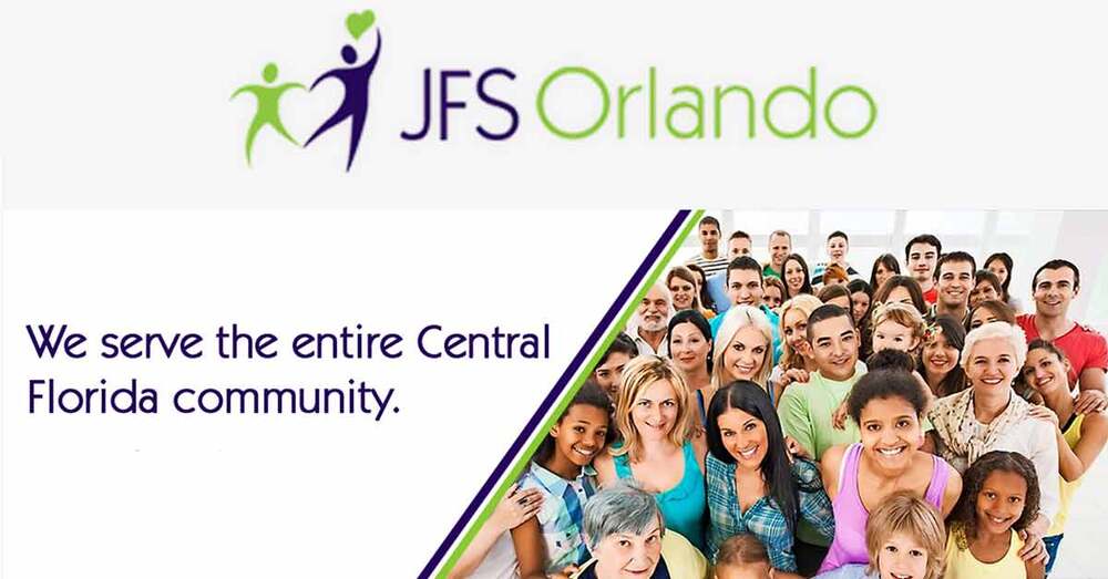 JFS Orlando flyer with a picture of a group of individuals smiling. The copy reads We Serve the Entire Central Florida Community.