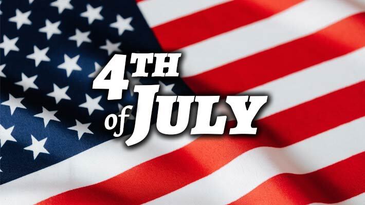4th of July text in front of an American flag.