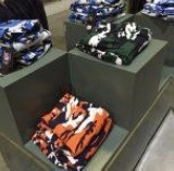 Assorted folded clothing items.