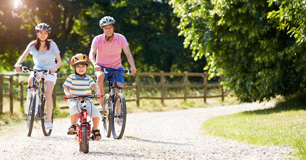 A family riding bicycles together.