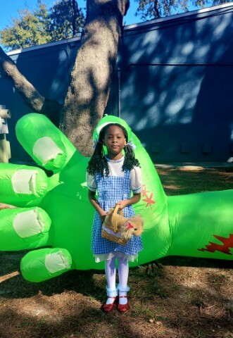 Young girl dressed as Dorothy from the wizard of Oz.