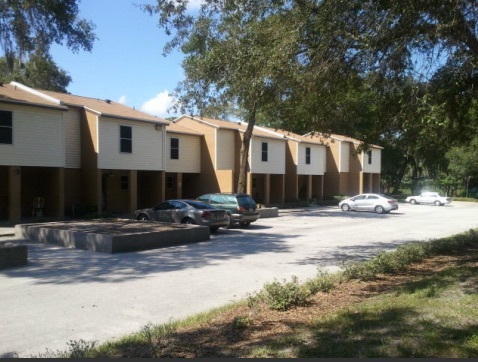 A view of the parking lot in front of the Meadows apartments.
