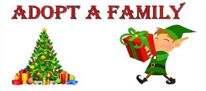 Adopt a Family. Clip art of a Christmas tree surrounded by gifts, and an elf carrying a gift.