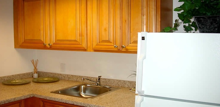 A kitchen sink and fridge at the Plymouth apartments.